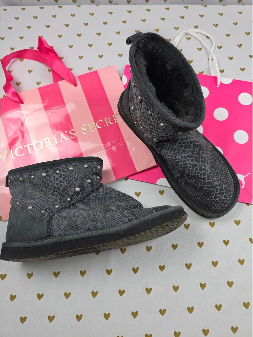 VS PINK Snakeskin Studded Faux Fur Mukluk Slipper Boots Black S 5 6 Rare